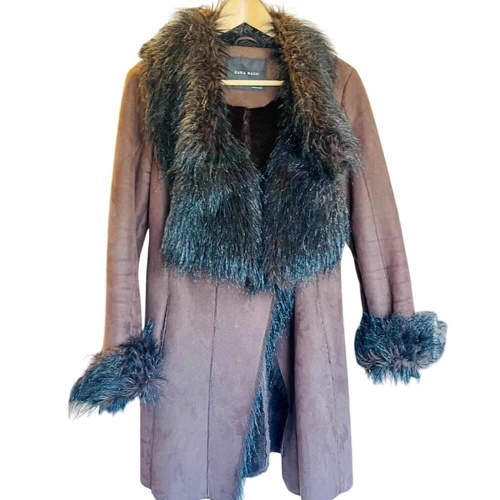 ZARA Faux Fur Women's Knee Length Brown Coat Size Medium